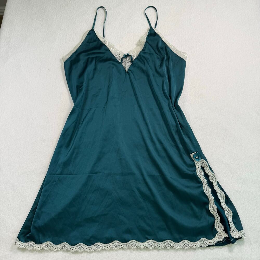 Teal Satin Nightgown Mini Dress Lace Trim V-neck Chemise Size Medium